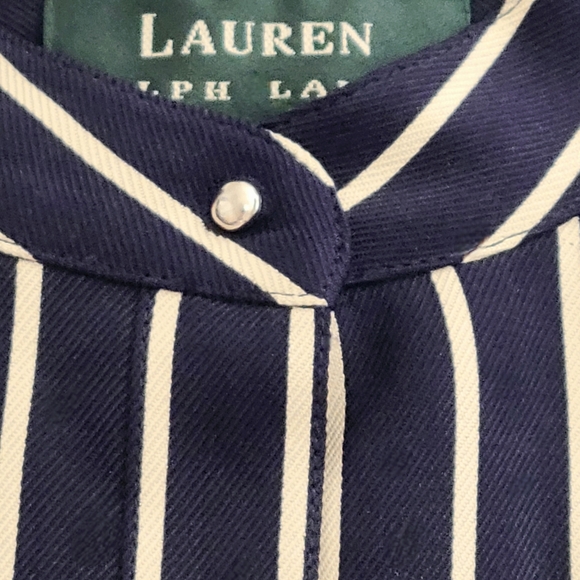 LAUREN RALPH LAUREN Navy Blue & Cream Striped Button-Up Mandarin Collar Blouse - Picture 5 of 6